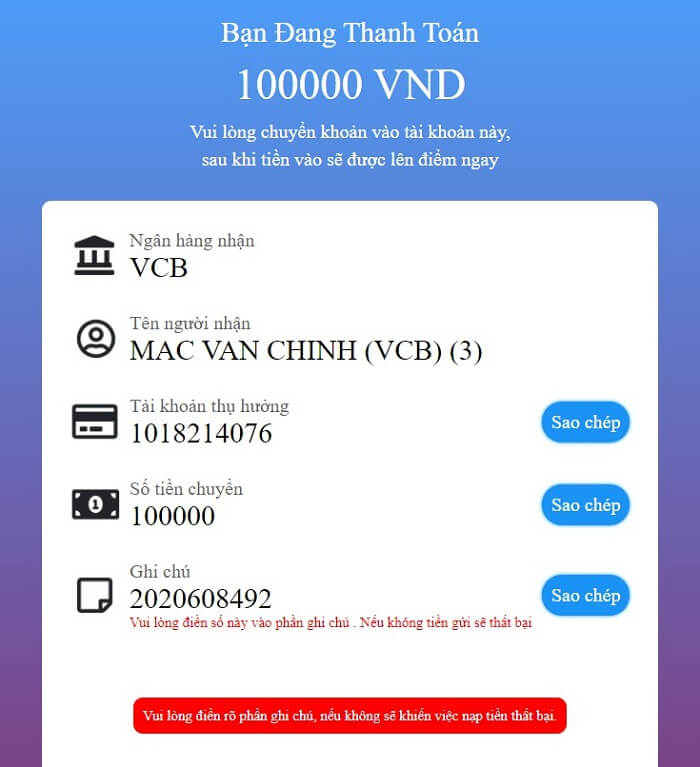Thông tin đầy đủ để gửi tiền vào tài khoản BK8