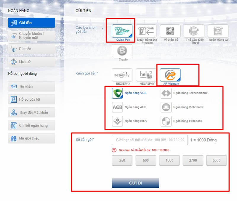 Gửi tiền vào tài khoản BK8 thông qua Quick Pay AP Vietnam