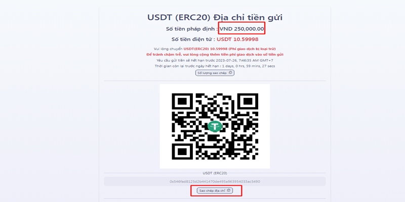 Hoàn thành bằng cách quét mã ví địa chỉ tiền gửi của nhà cái