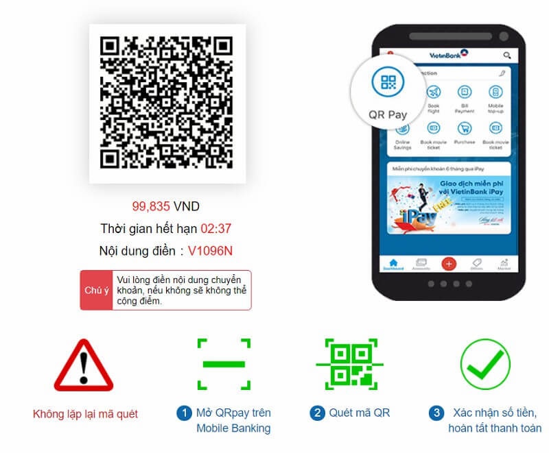 Quét mã QR kèm với nội dung dung chuyển khoản