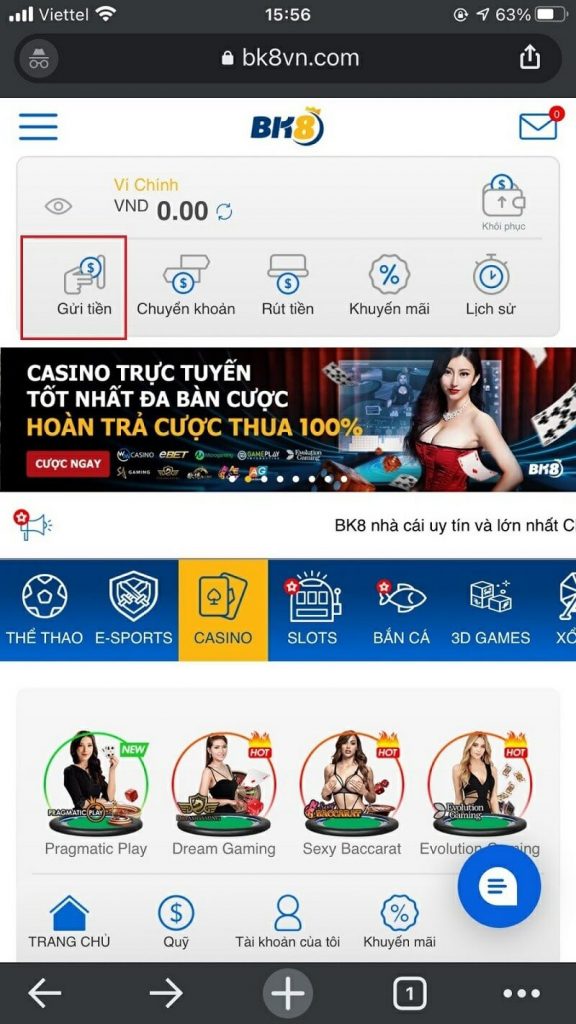 Gửi tiền qua ngân hàng QR trên giao diện Mobile