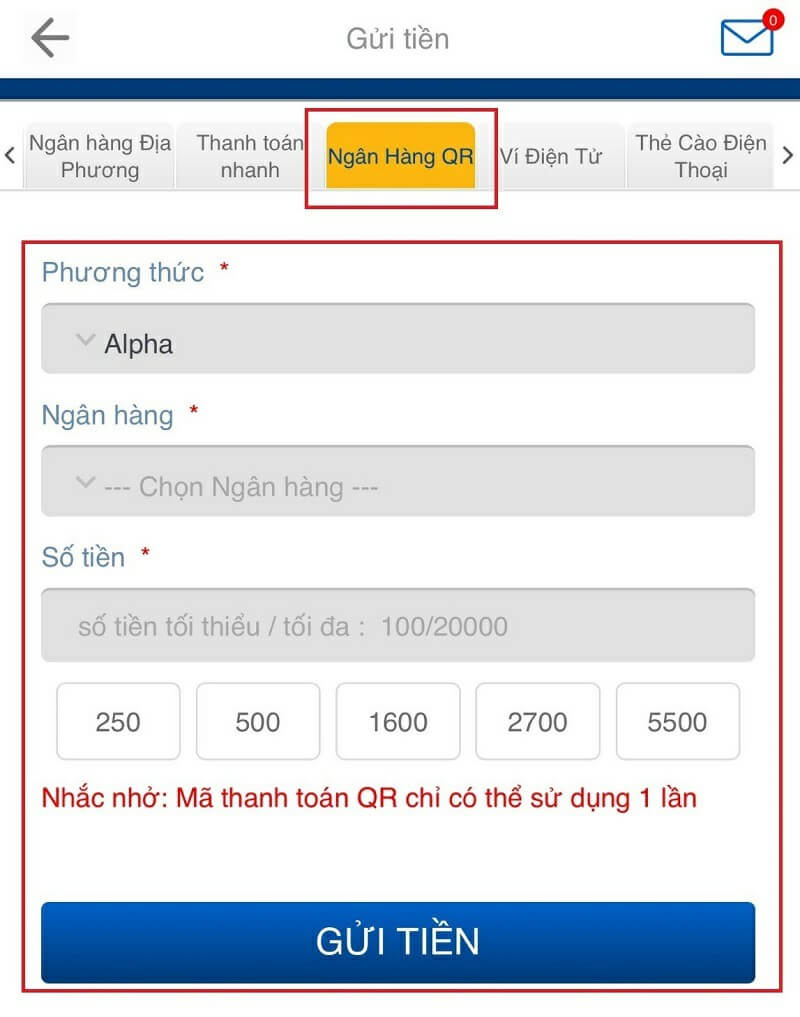 Các bước tiếp theo gửi tiền vào ngân hàng QR BK8