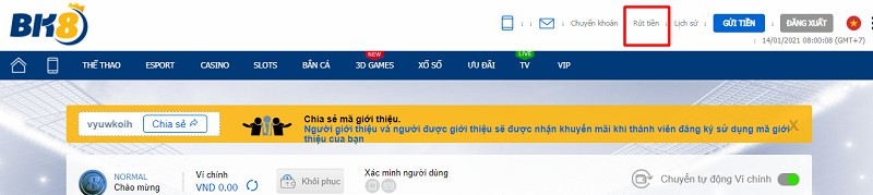 Đăng nhập vào cổng game BK8 để thực hiện rút tiền