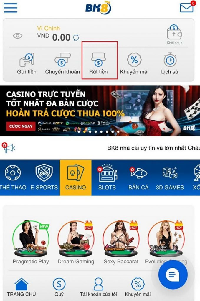 Rút tiền từ tài khoản nhà cái BK8 trên giao diện Mobile